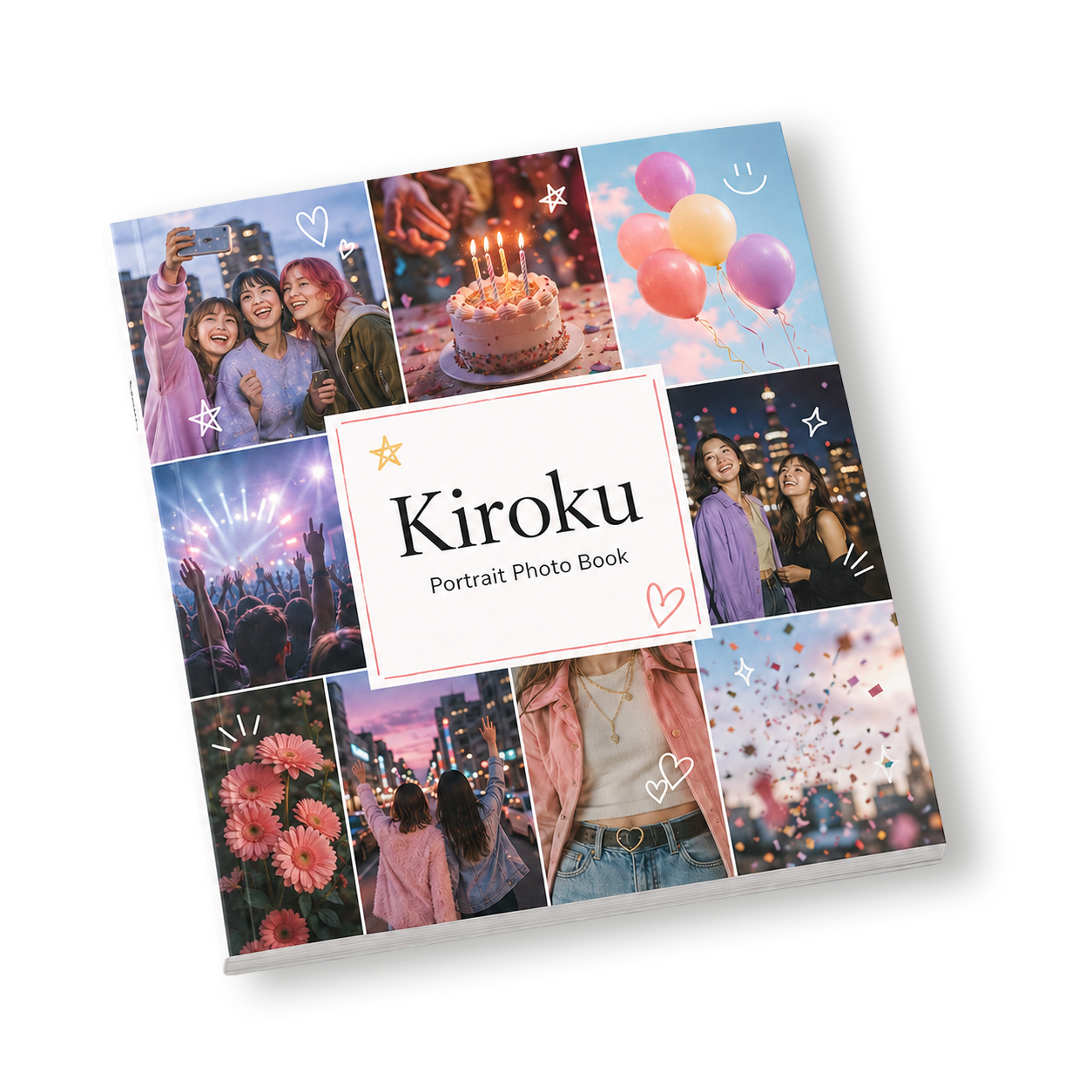 The Kiroku Portrait photo book, vertical, with a collage cover